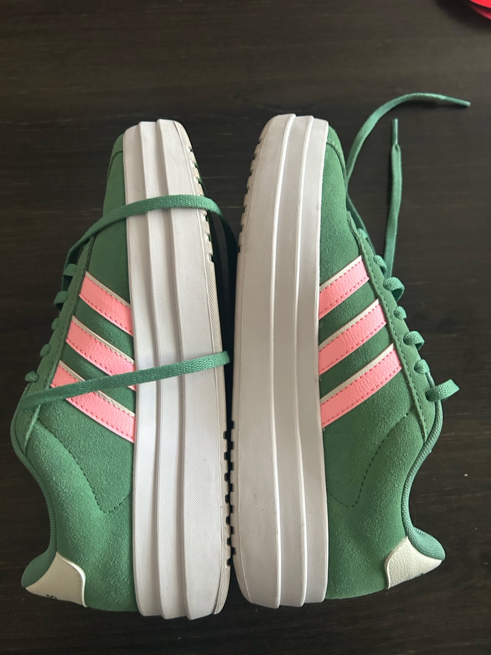 Adidas Women's VL Court Sneakers Bold Suede Green with Pink Stripes